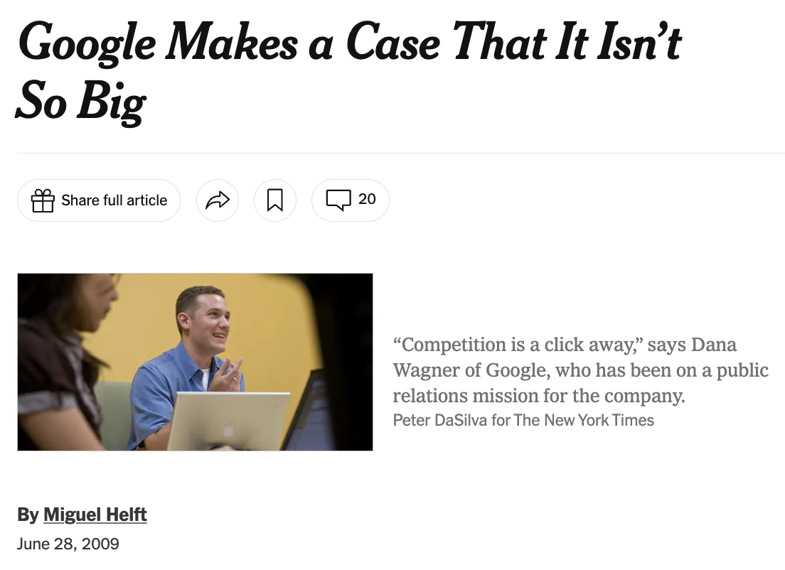 New York Times headline: Google Makes a Case That It Isn't So Big