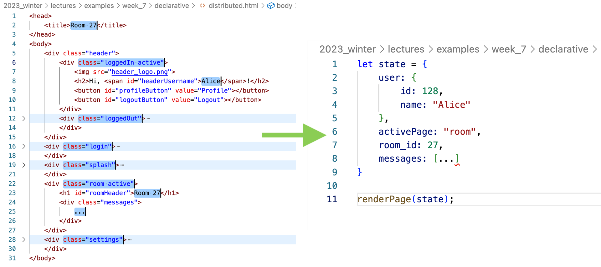Moving state out of the HTML and into JS variables